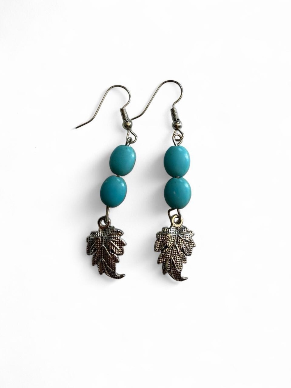 Handmade Silver & Turquoise Bead Leaf Dangle Earrings